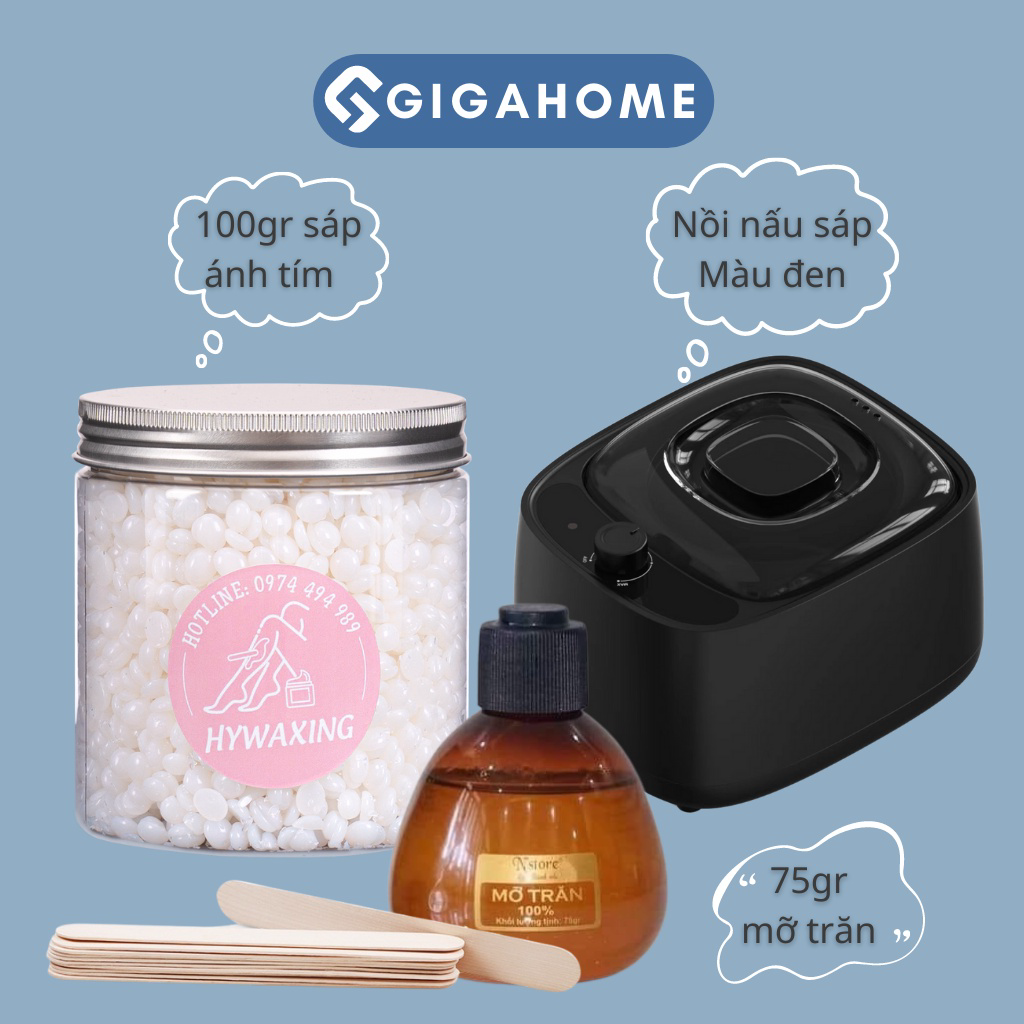 Combo 100gr sáp wax lông ánh tím premium + nồi nấu sáp chống dính + 75gr mỡ trăn gigahome
