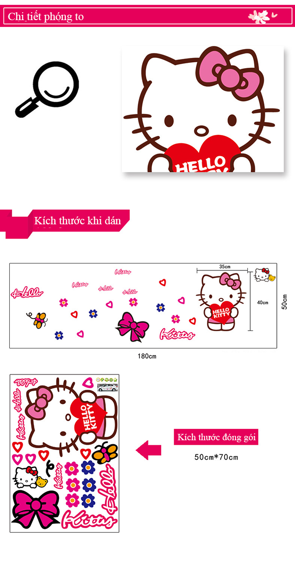 DECAL DÁN TƯỜNG CHÙM ĐÈN SAO VÀNG VÀ KITTY