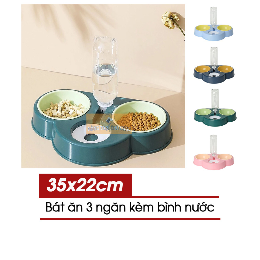 Bát ăn chó mèo 3 ngăn kèm bình nước tự động - giao màu ngẫu nhiên -