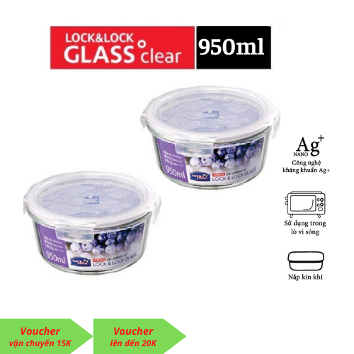 Combo 2 hộp thủy tinh chịu nhiệt Lock and Lock 950ml tròn, hàng chính hãng