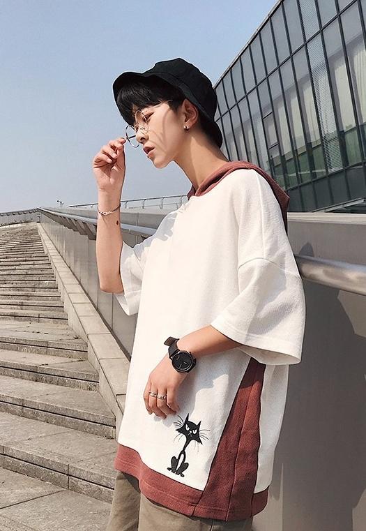 ÁO THUN TAY LỠ CÓ NÓN IN MÈO