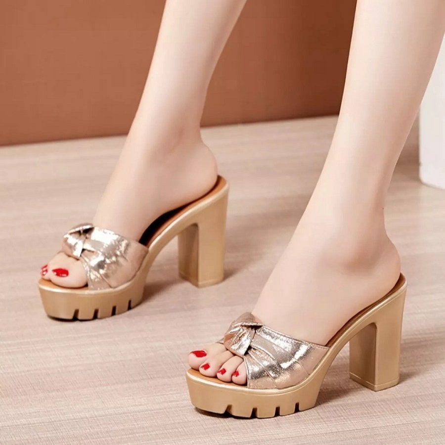 [HCM]Dép Cao Gót Đế Thô Nơ Nhũ