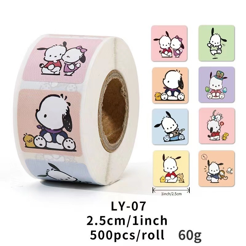 Cuộn 500 tem Sticker vuông Sanrio  dễ thương  - 2.5cm