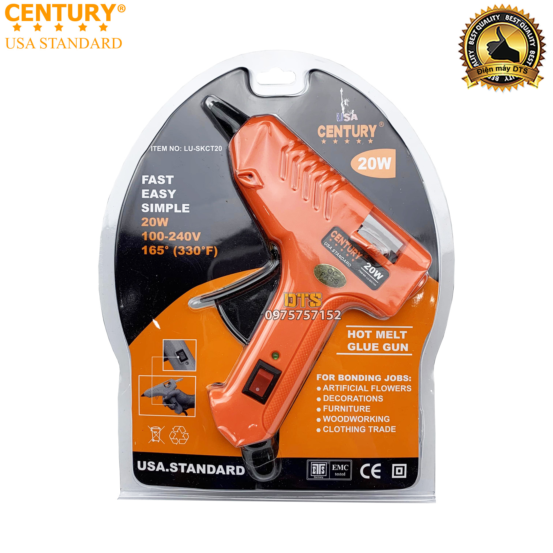 Súng keo nến silicon CENTURY USA STANDARD 20W chuẩn Mỹ, công nghệ tiên tiến, nóng nhanh, keo ra đều, liên tục