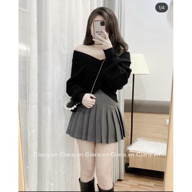 Áo len nữ dài tay cách điệu trễ vai vạt chéo  Áo chất bozip co dãn phong cách hàn quốc quyến rũ 1STCLOTHES