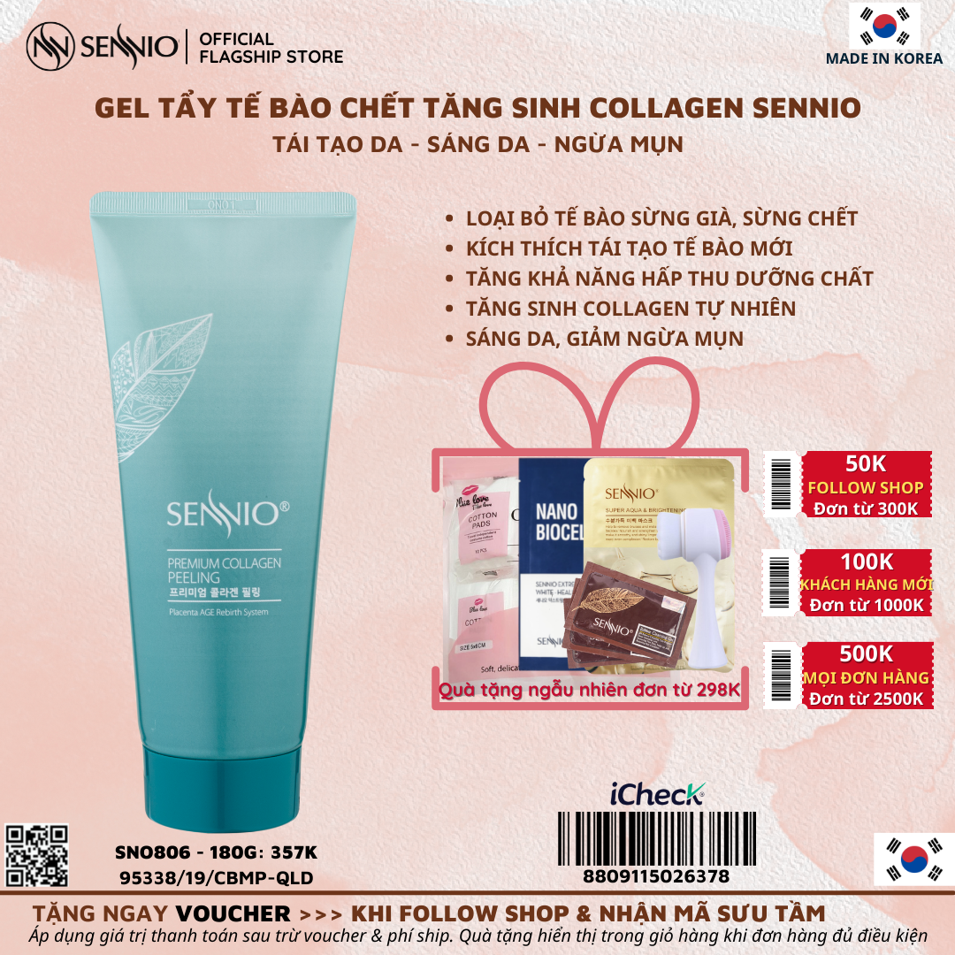 Tẩy tế bào chết tăng sinh Collagen giúp da hấp thu dưỡng chất tối đa, sáng da, ngăn ngừa mụn, thu nhỏ lỗ chân lông Sennio 180ml Premium Collagen…