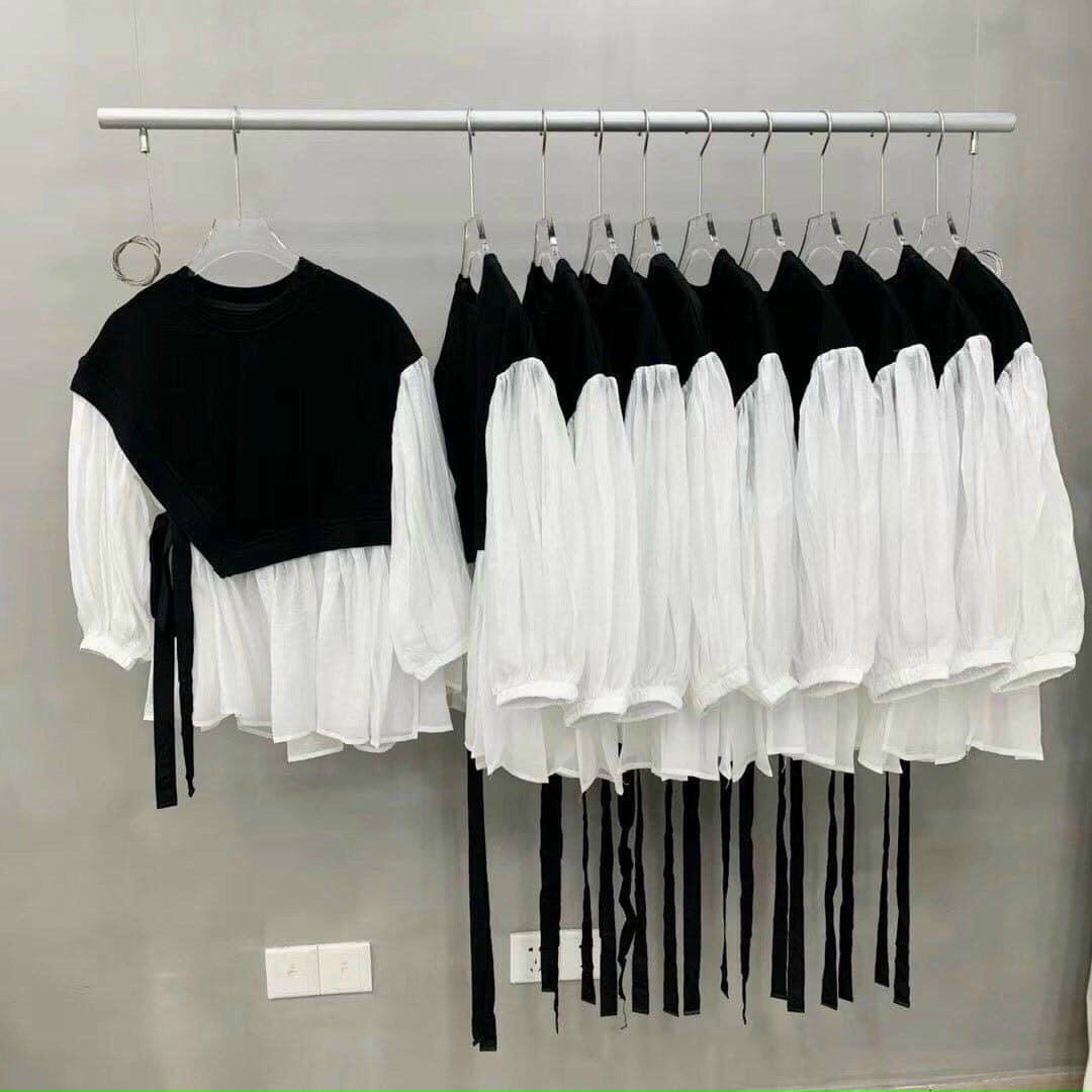 Áo kiểu nữ babydoll phối màu cột nơ eo trắng đen mc