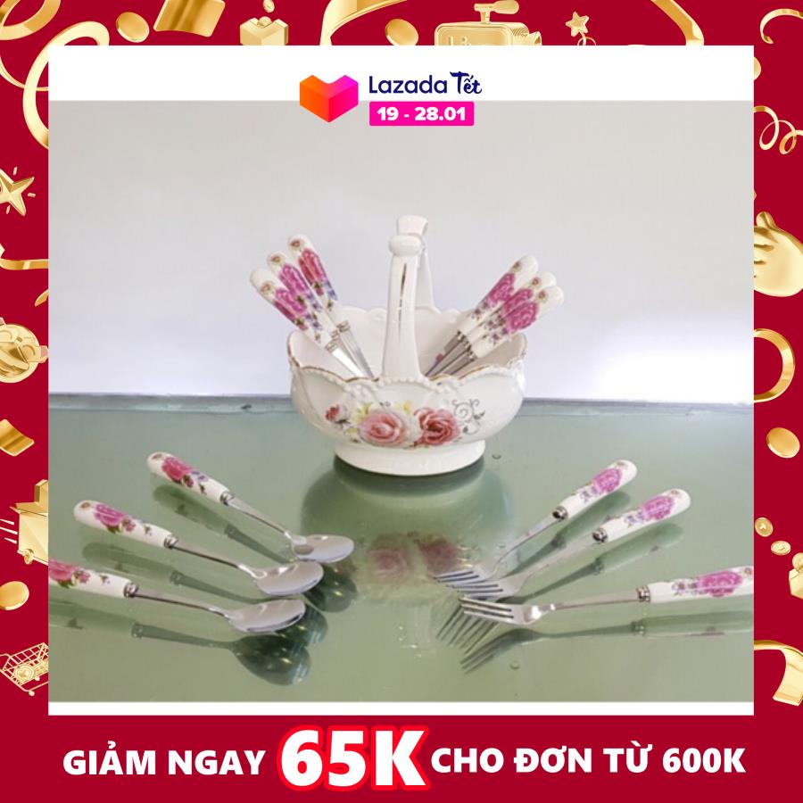 Combo 10 dĩa và thìa cán sư in hoa cao cấp