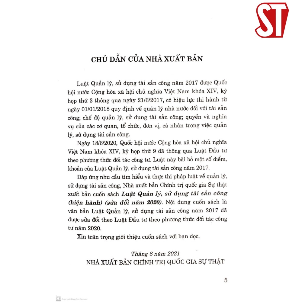 [Sách] Luật Quản Lý, Sử Dụng Tài Sản Công (Hiện Hành) (Sửa Đổi Năm 2020)