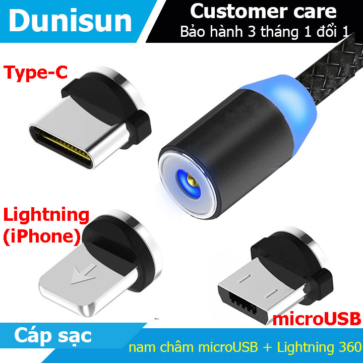 Cáp sạc từ hít nam châm 2 đầu Android và iPhone 360 độ dây dù,có LED