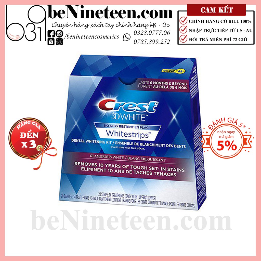 [SẴN, BILL MỸ] Miếng Dán Trắng Răng Crest 3D Whitestrips Glamorous White/Professional/Charcoal Mint [beNinetene]