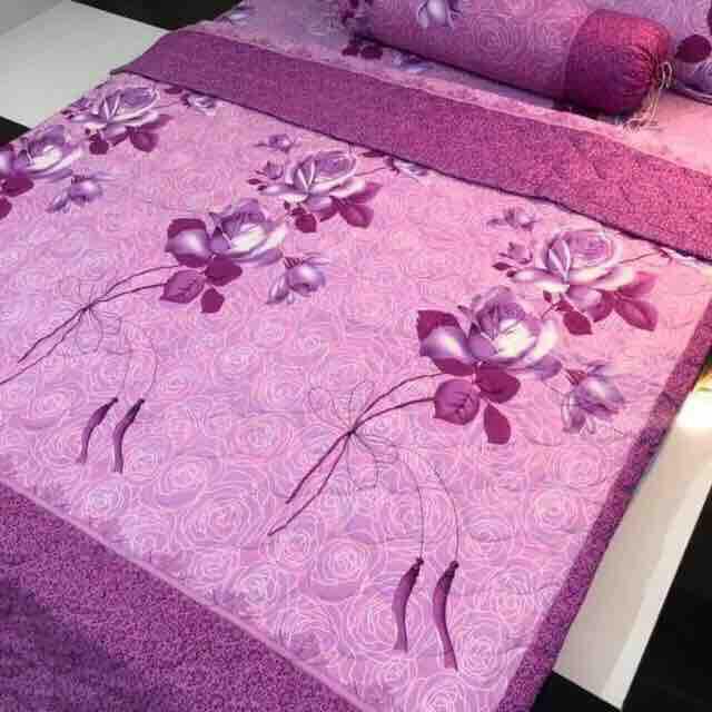 BỘ CHĂN GA GỐI COMBO 5 MÓN - HOA CÀNH TÍM