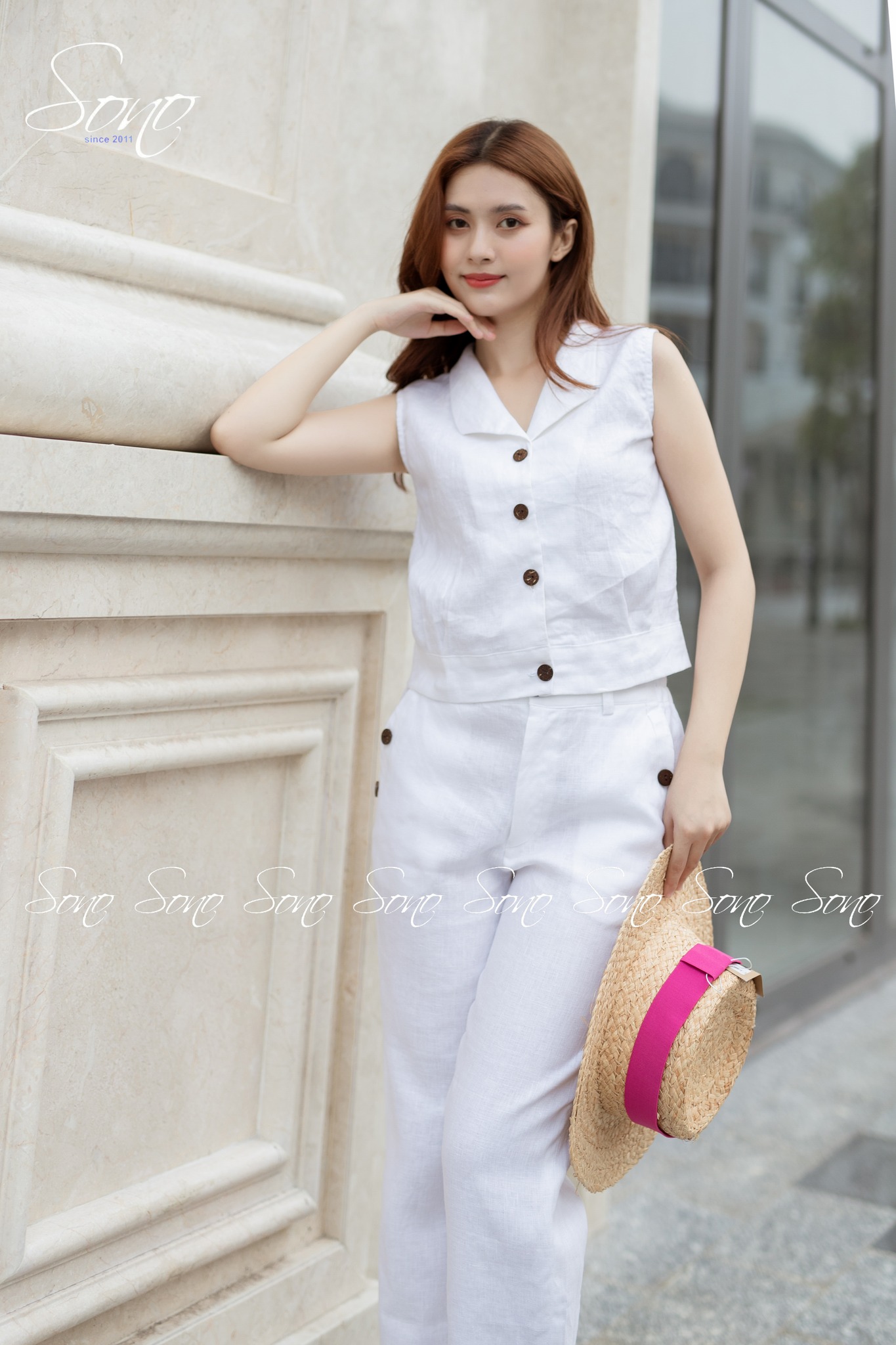 Sono - Bộ Dài Linen Cổ Bẻ Nút Gỗ