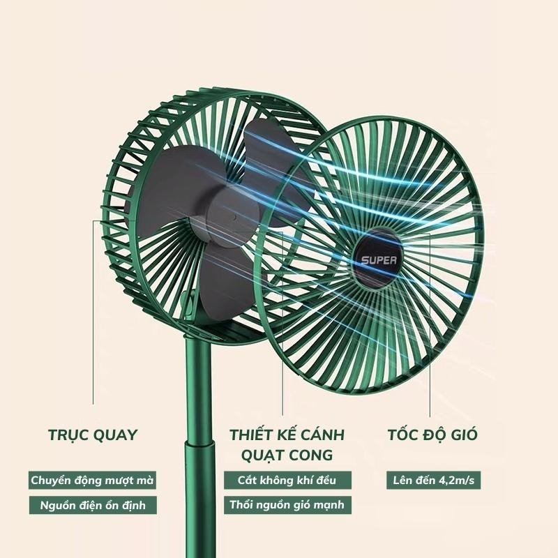 Quạt Tích Điện Để Bàn Mini Super Fan Gấp Gọn Có Thể Kéo Dài 3 Tốc Độ Gió Xoay 360 Cổng Sạc Usb Tiện Dụng