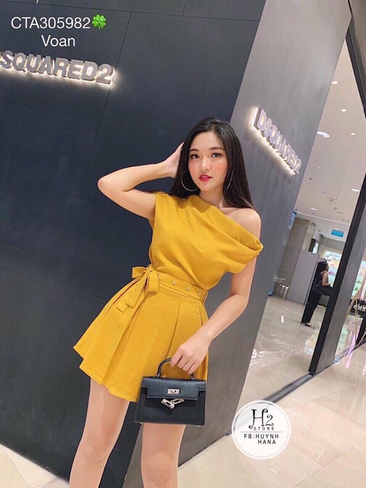 Đầm Nữ ( Váy Nữ ) Lệch Vai Dáng Xòe Thắt Eo Thời Trang Bambo