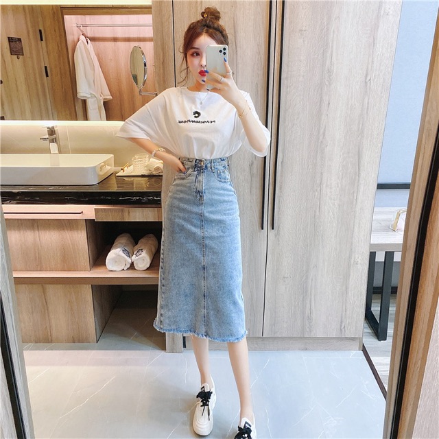 Chân váy jean dài KABICO cạp điều chỉnh độ rộng bụng phong cách, váy jean  dáng dài cạp cao thanh lịch A14 | Shopee Việt Nam