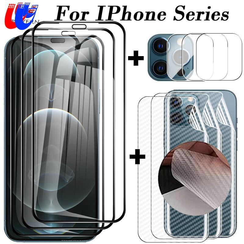 For iPhone 13 Pro Max 9 In 1 3Pcs Screen Protector Film+3Pcs 3D Soft Back Carbon Fiber Film+3Pcs Camera Lens Film For iPhone 11 12 Pro Max X XR XS Max 6s 6 7 8 Plus 13 Mini Tempered Glass