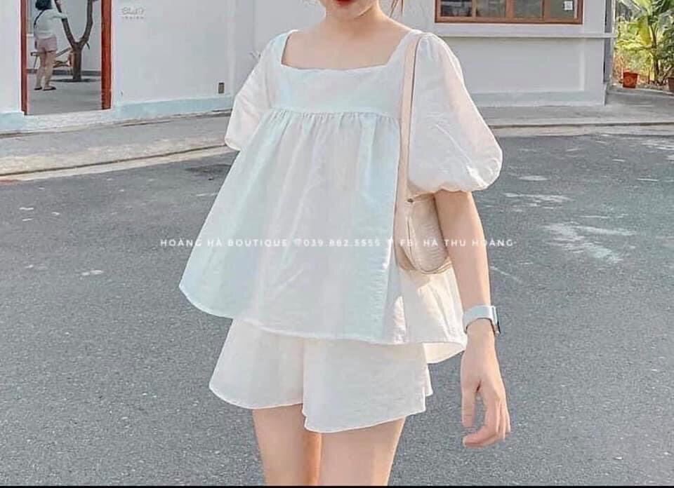Set bộ tay phồng và quần váy chất voan mịn