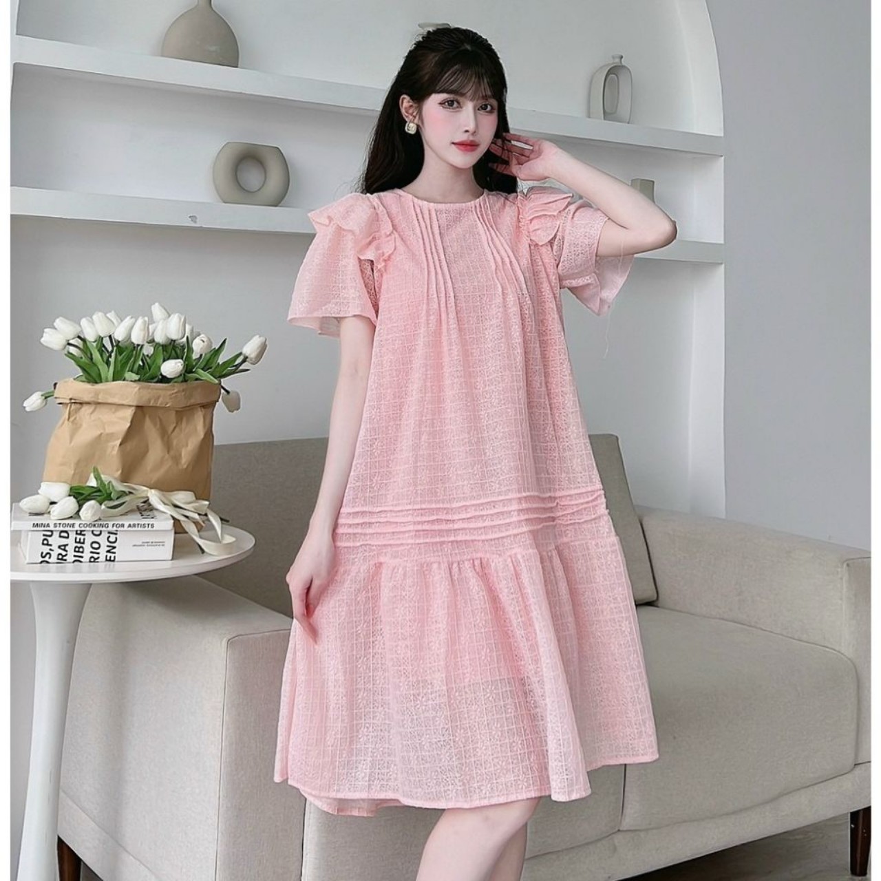 Đầm bầu thiết kế-Váy bầu xếp ly quảng châu xịn free size 43-70kg - A60