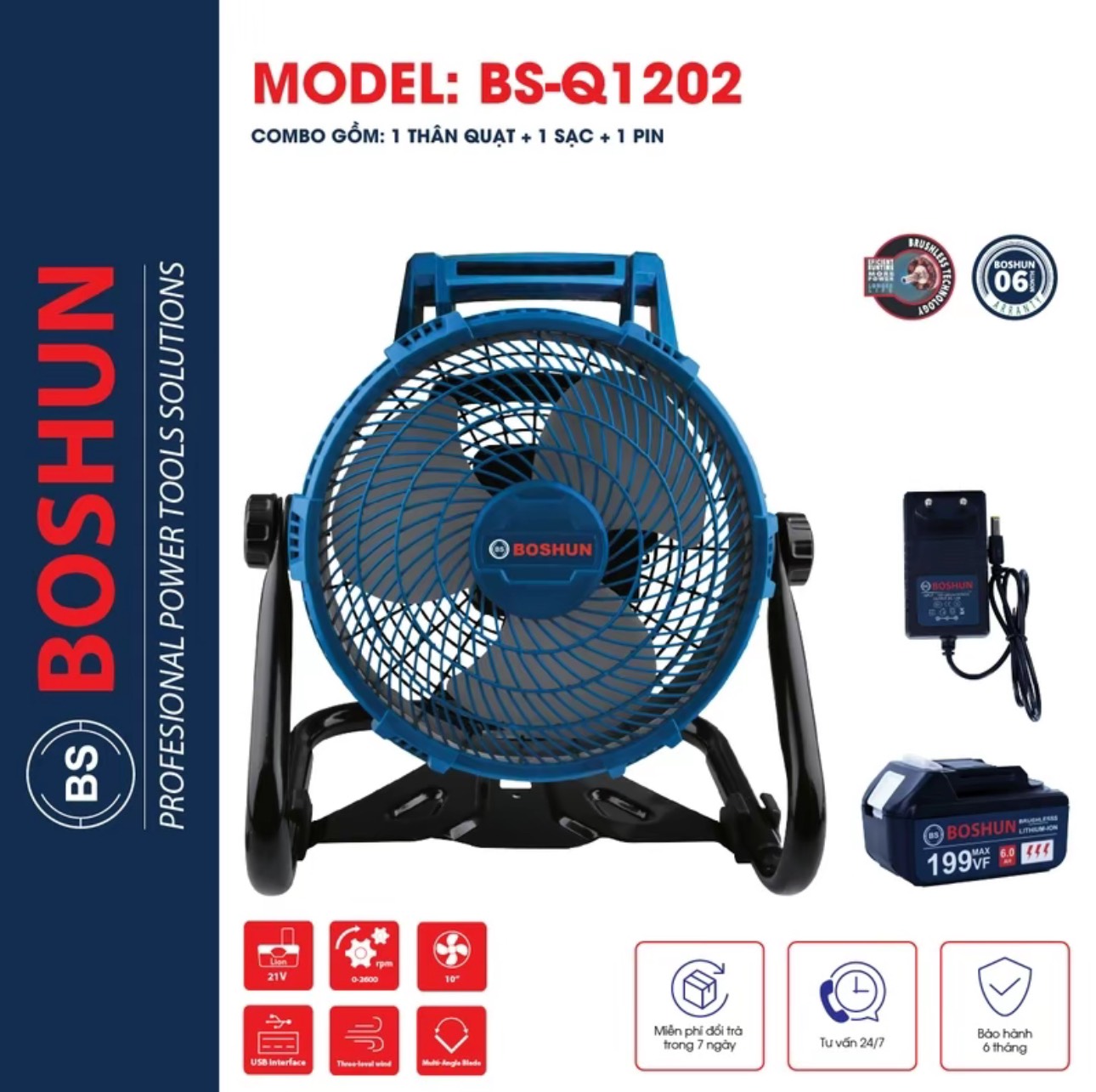 Quạt tích điện để bàn 12INCH Boshun Dùng Pin Phổ Thồng Lithium-ion, Hàng chuẩn lõi đồng, Siêu Khỏe và Cực mát