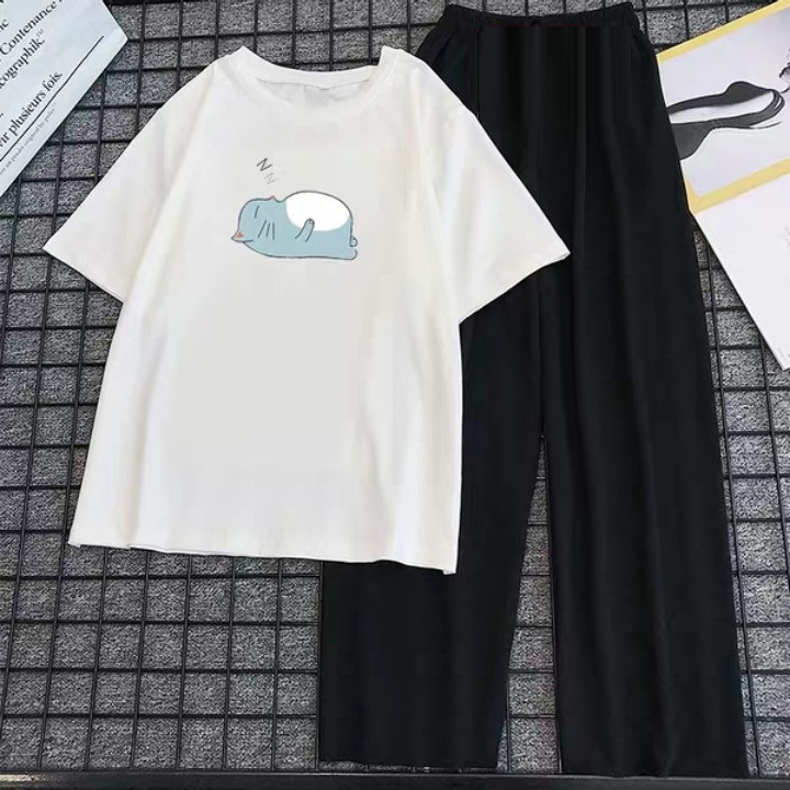 [PHÁ CÁCH 39] Mix Phối Sét Bộ Quần Áo Nữ Xinh Cute Mặc Đi Chơi Dạo Phố, Chất Liệu Áo Cotton Trắng Organic Ngắn Tay Cổ Tròn In Mèo Bụng Trắng Kèm Quần Ống Rộng Thun Cát Co Giãn Nhẹ Phong Cách Thời Trang Trẻ Hàn Quốc