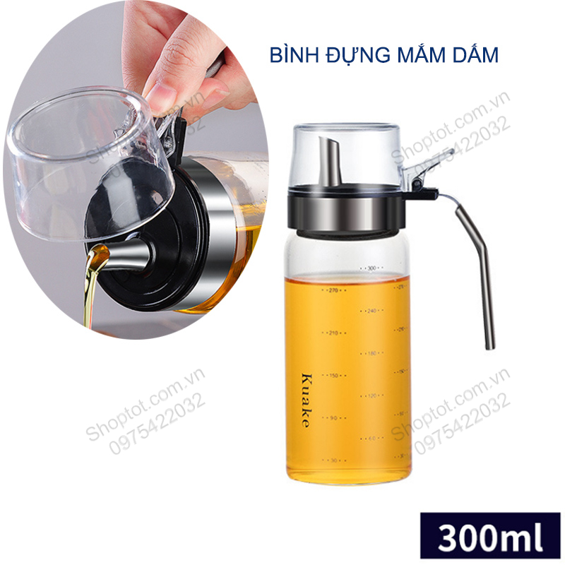 Bình đựng nước mắm, dấm, dầu ăn và gia vị khác LDGV03-300-500ml bằng thủy tinh có nắp đạy thông minh