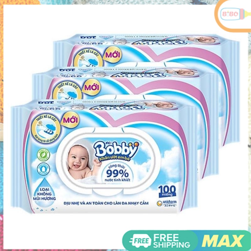 Combo 10 gói khăn ướt bobby nano bạc kháng khuẩn 100 tờ
