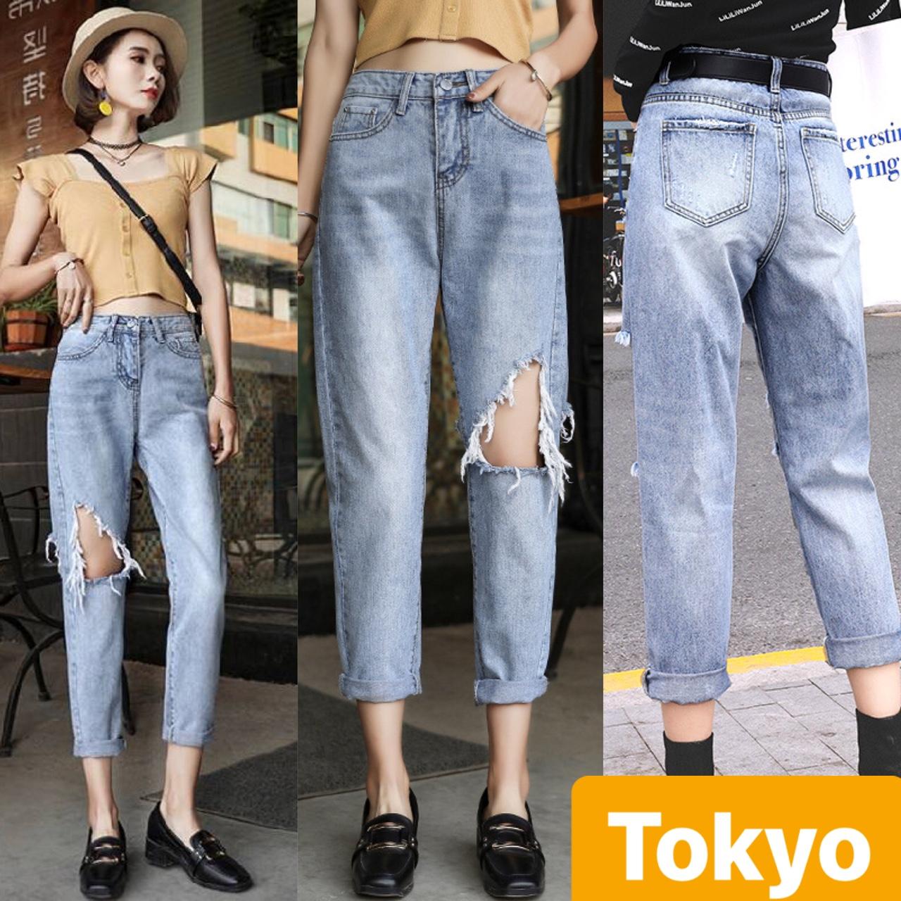 QUẦN JEAN BAGGY NỮ CHẤT BÒ XANH RÁCH  ĐÙI LƯNG CAO NÂNG MÔNG HIRAKI CAO CẤP TOKY-3104 - TOKYO FASHION