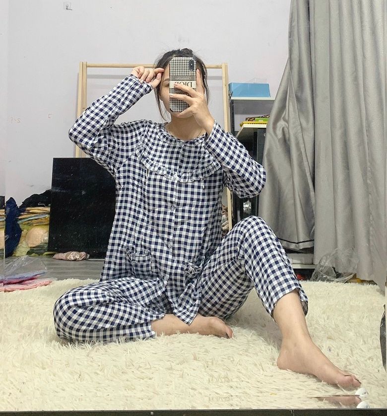 [Size đại] Bộ sau sinh dài vải lanh lụa (có chun rút chỉnh bụng và khoá cho bé bú) - size XXL(60-75kg)