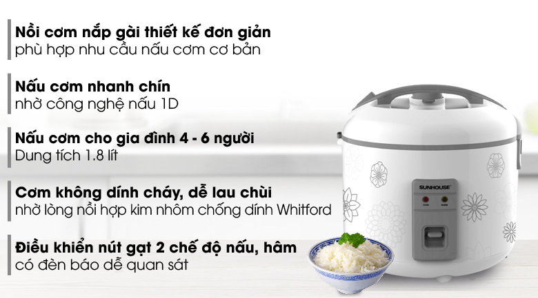 Nồi cơm nắp gài Sunhouse 1.8 lít SHD8602