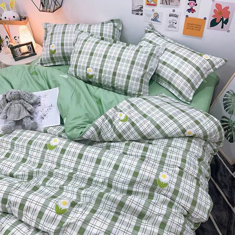Trọn Bộ 4 Món Cotton Poly Nhập Mẫu HOA KẺ XANH