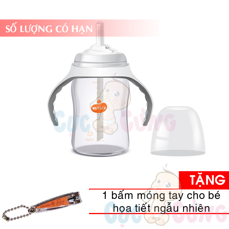 Bình đựng nước có ống hút cho bé uống nước Wesser 260ml Tặng 1 cắt móng tay họa tiết ngẫu nhiên - binh tap uong nuoc cho be
