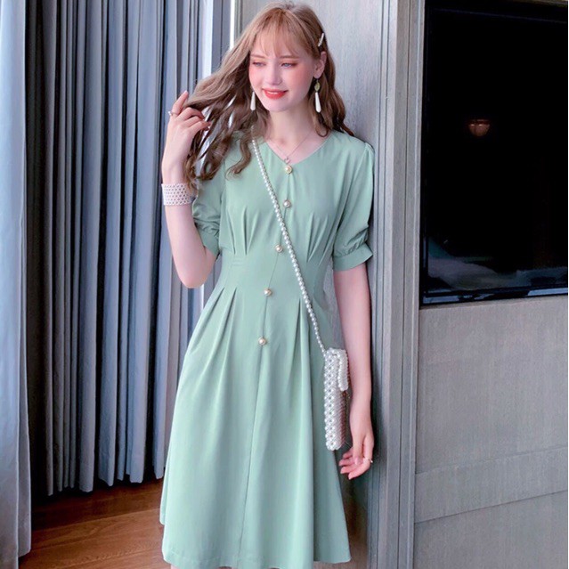 Đầm mint nút ngọc thắt nơ