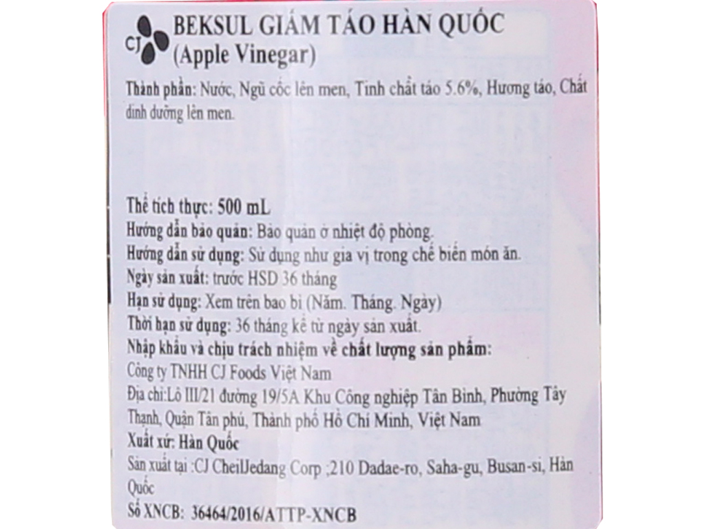 Giấm táo Hàn Quốc CJ Beksul chai 500ml (Date 23.09.2024)