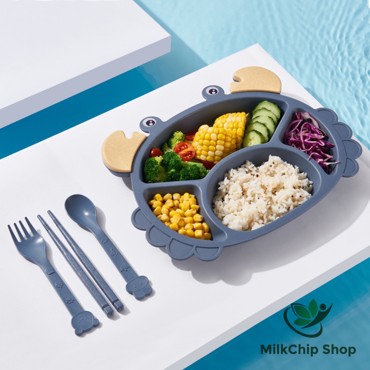 Khay ăn dặm cho bé, khay cơm bằng lúa mạch hình con cua (kèm thìa, dĩa, đũa) BK008