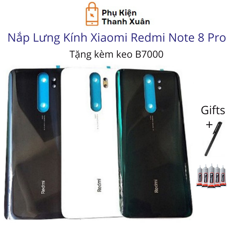 Nắp lưng Xiaomi Redmi Note 8 Pro - Chất liệu kính - Tặng kèm keo B7000 và bút cảm ứng