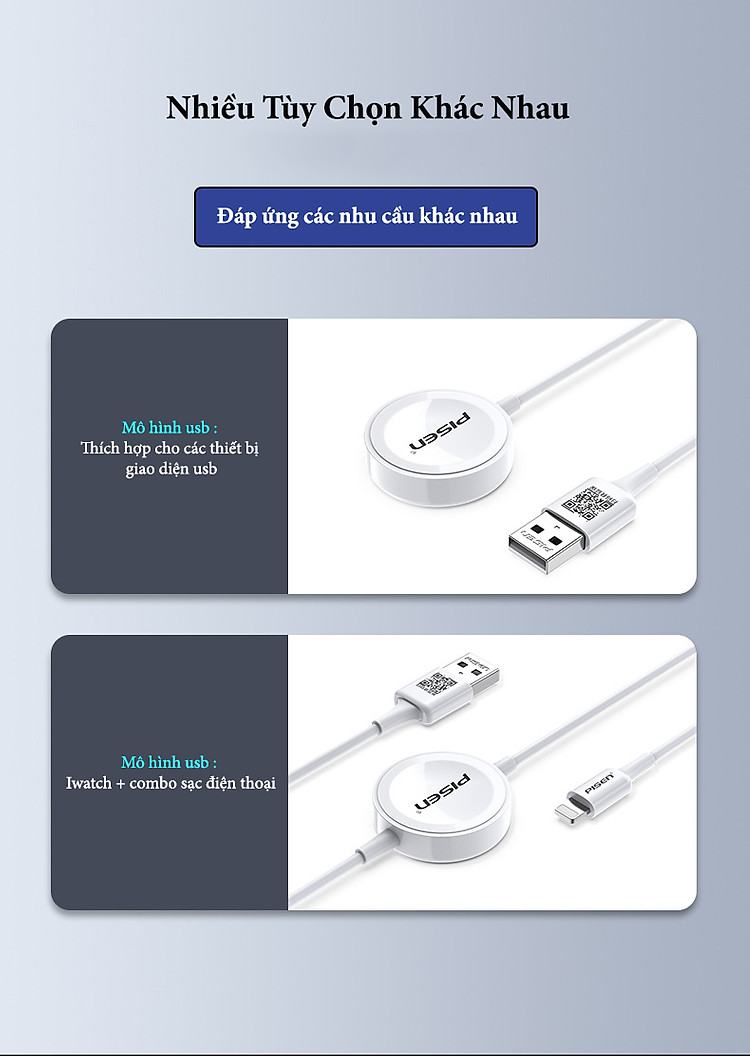 Cáp Sạc Pisen 2 in 1 cho đồng hồ Watch và điện thoại máy tính bảng chân Lightning Hãng