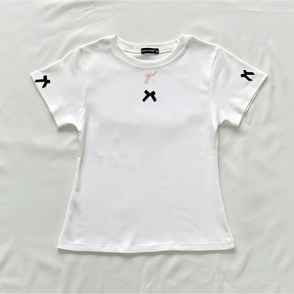 Áo croptop dáng babytee đính nơ siêu xinh
