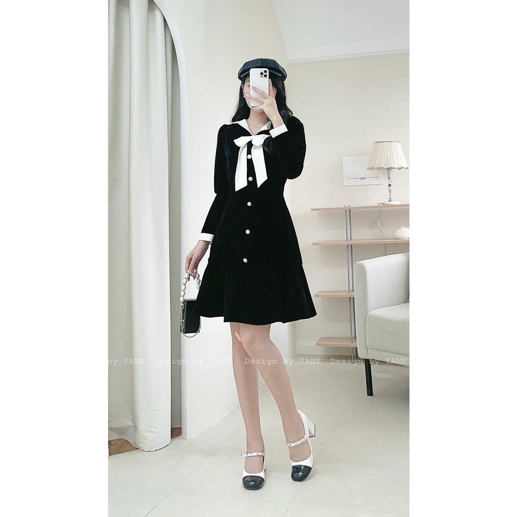 Đầm nhung phối trắng yv103 xafan đen mix trắng yame