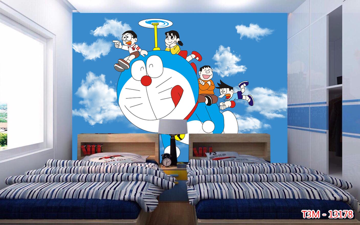 Decal dán tường - Tranh dán tường 3D phủ kim sa Doraemon