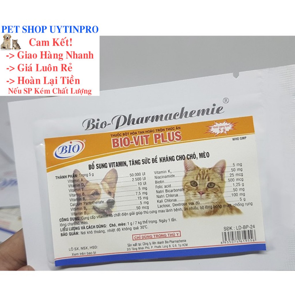 [Hoàn tiền 10%]  BỘT BỔ SUNG VITAMIN TĂNG SỨC ĐỀ KHÁNG CHO CHÓ MÈO Bio Vit Plus gói 5g - Pet shop Uytinpro