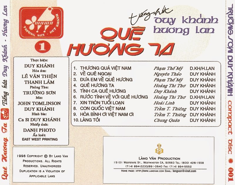 [MDX] ĐĨA CD DUY KHÁNH QUÊ HƯƠNG TA (TRƯỜNG SƠN DUY KHÁNH CD001)
