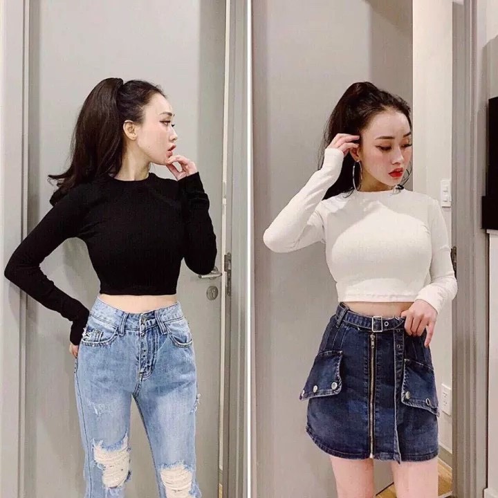 Áo croptop dài tay trơn cổ tròn AC060
