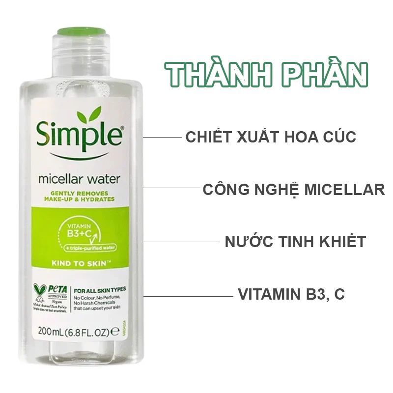 (Mẫu mới) Nước Tẩy Trang Simple Kind to Skin Micellar Cleansing Water 200ml