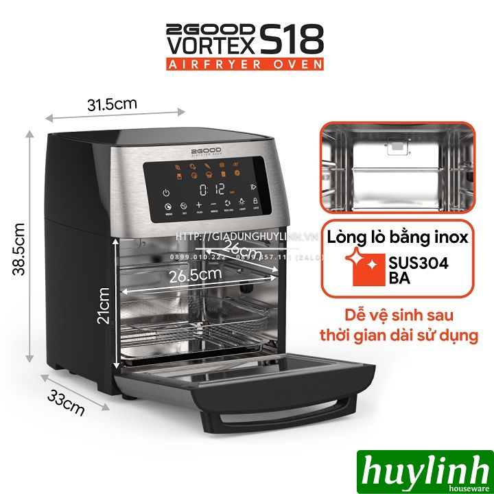 [Voucher 350k] Nồi chiên không dầu điện tử 2Good Vortex S20 - 14.5 lít - Tặng găng tay - 16 chức năng