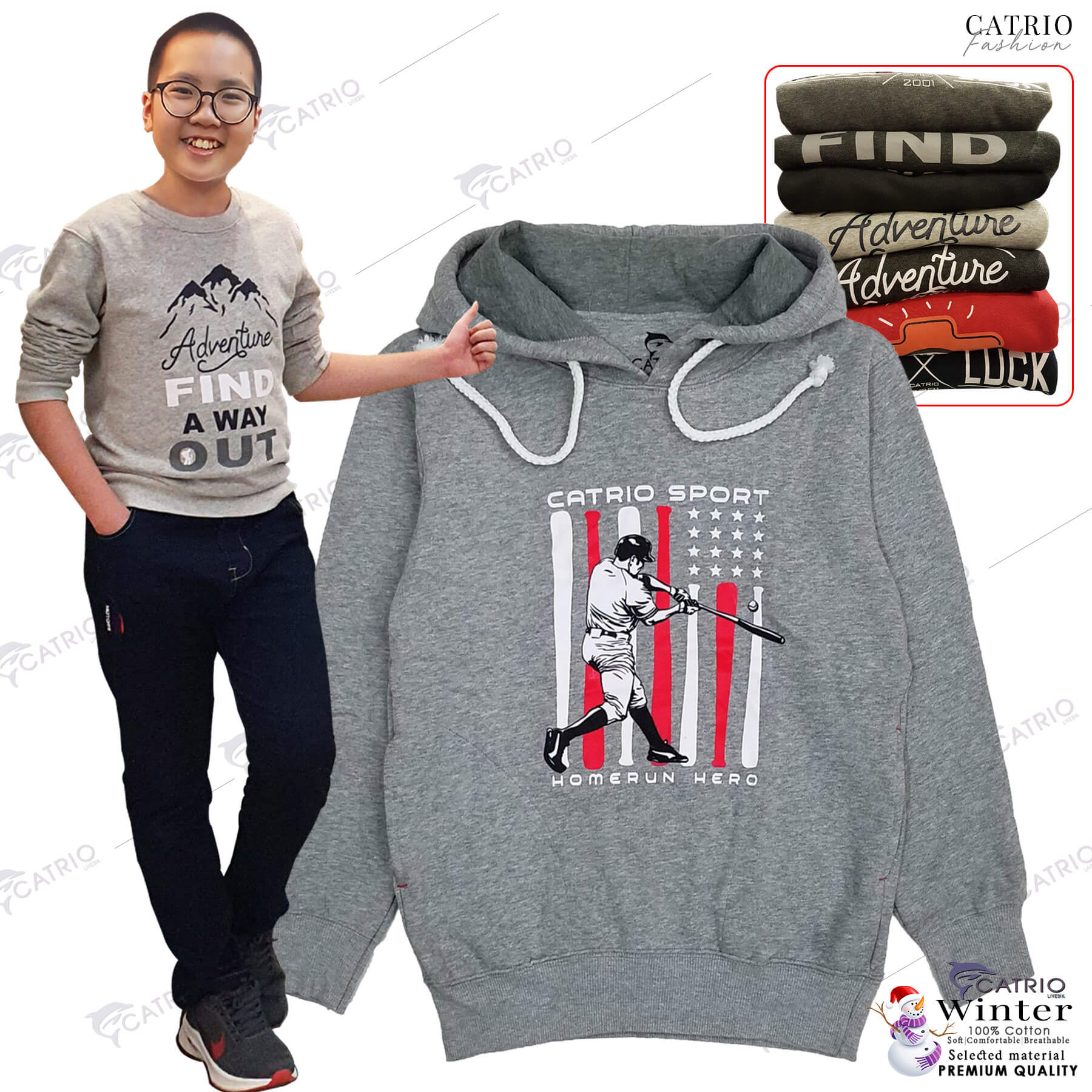 ÁO HOODIES BÉ TRAI CATRIO in bóng chày là áo nỉ có mũ, áo thun cotton có mũ cho trẻ em từ 9 tuổi(30kg) đến 18 tuổi (70kg) thuộc BST quần áo trẻ em mùa thu đông CATRIO