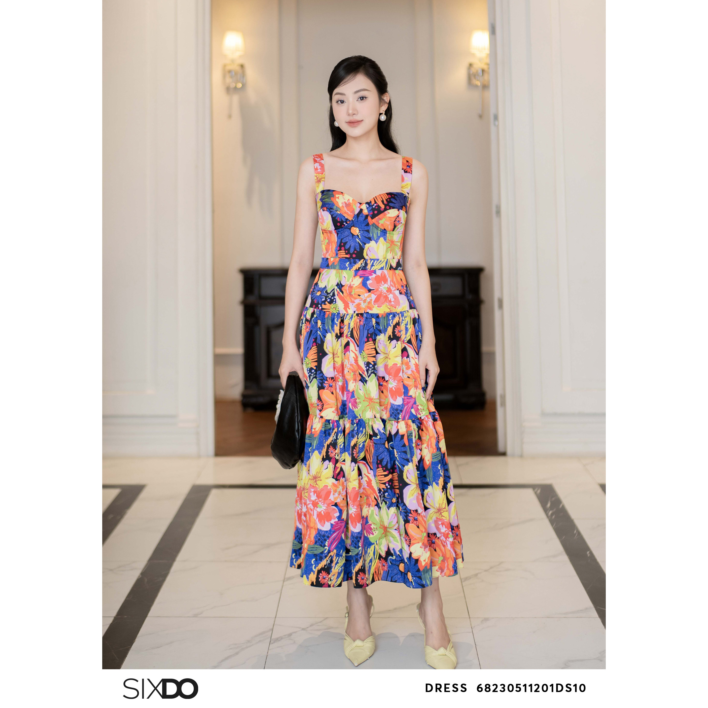 Đầm lụa hoa hai dây nhiều màu SIXDO (Multicolor Floral Midi Silk Dress)