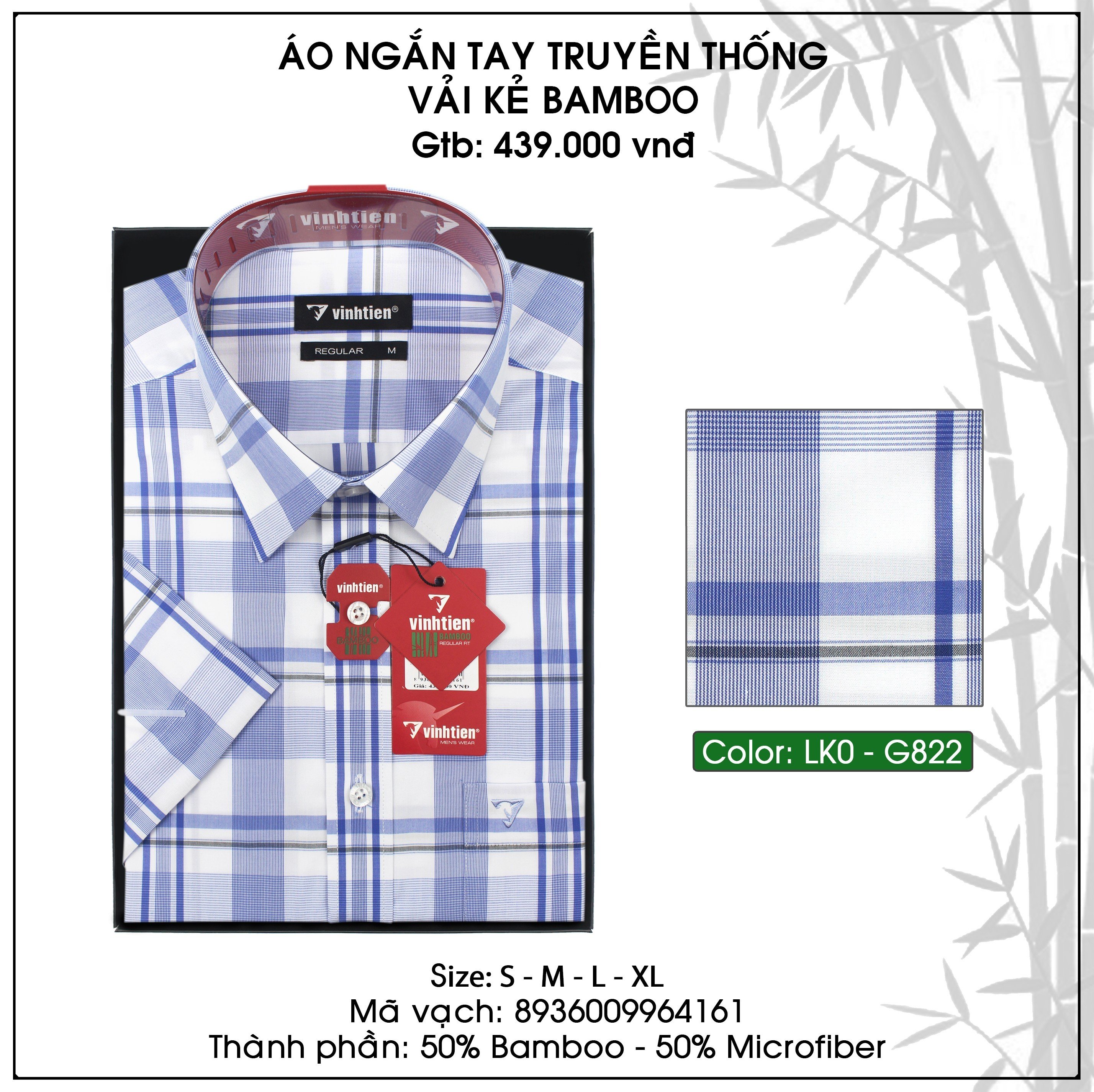 Áo Sơ Mi Ngắn Tay Dáng Regular Vĩnh Tiến Vải Bamboo G822