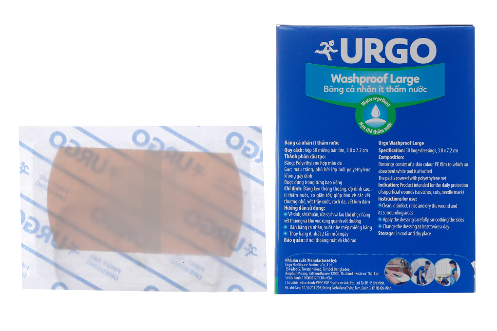 Băng cá nhân ít thấm nước Urgo Washproof Large (3.8 x 7.2cm) hộp 30 miếng