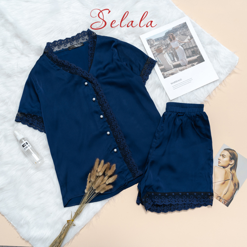 Bộ mặc nhà pyjama selala chất lụa cao cấp phối ren tks01